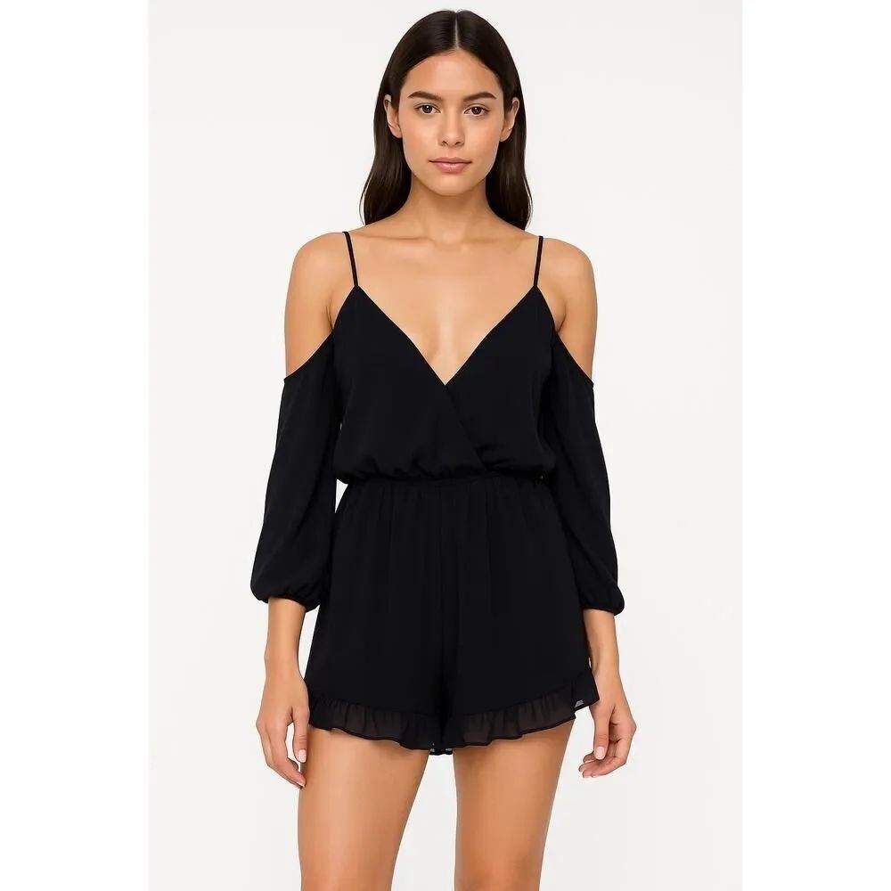 Lovers + FriendsโBlack Cold Shoulder Ruffled Hem Romper Womens Medium